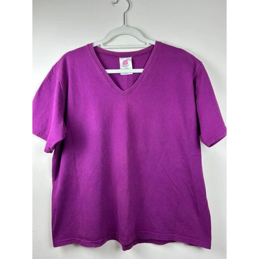 Vintage 90s Hanes HerWay XL Purple 100% Cotton V-Neck Short Sleeve Tee Blank
